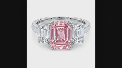 2.75 Carat Emerald Pink Lab Grown Diamond and White Diamond Three Stone Ring 14K White Gold