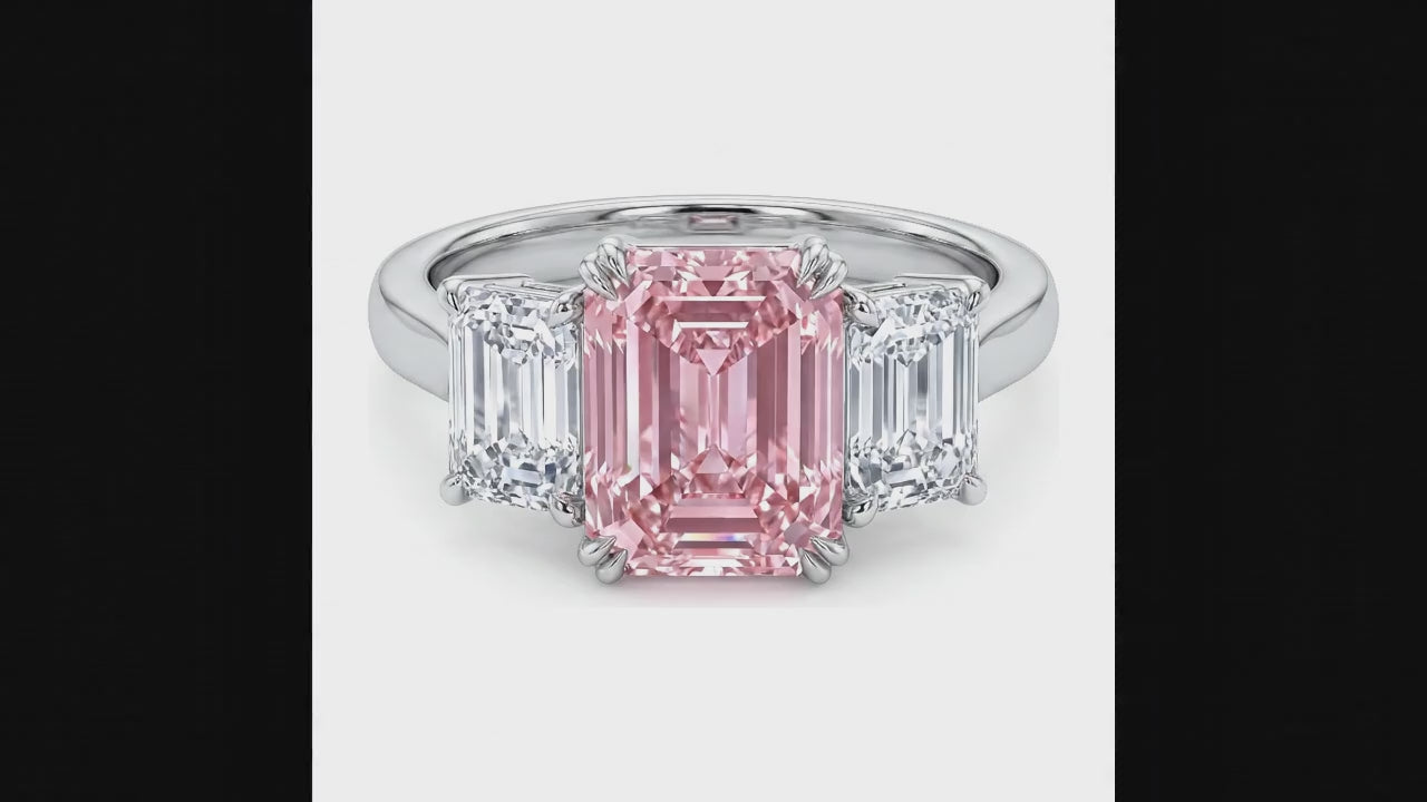 2.75 Carat Emerald Pink Lab Grown Diamond and White Diamond Three Stone Ring 14K White Gold