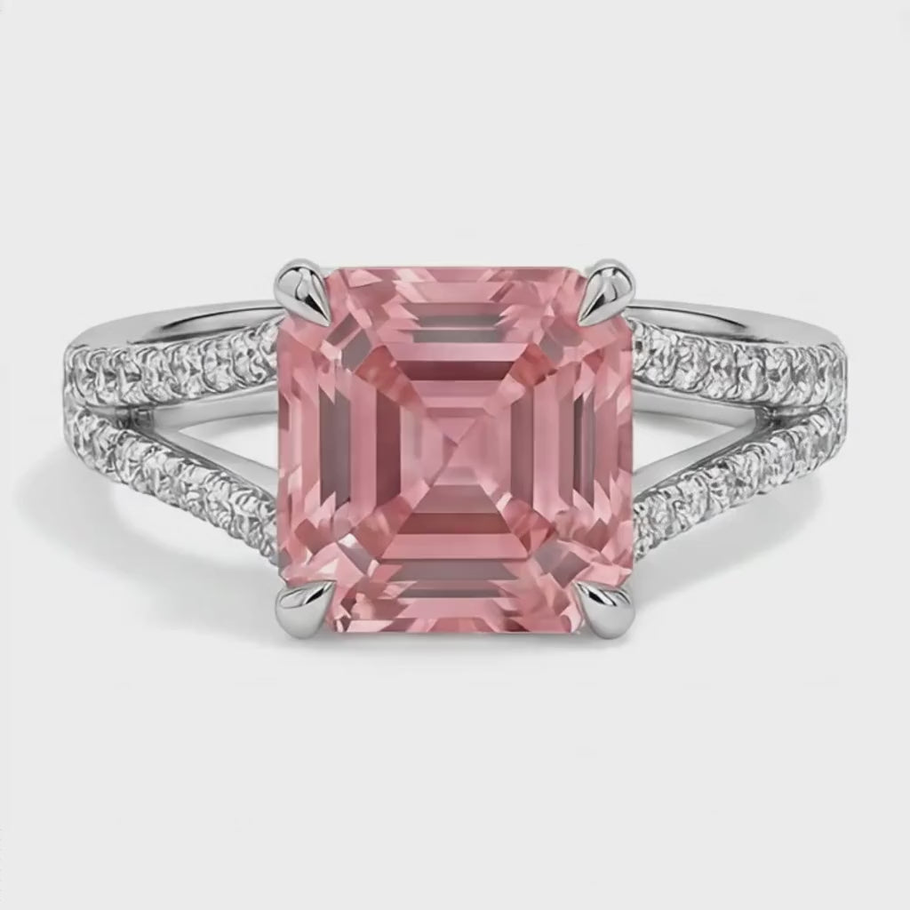 Asscher Padparadscha and White Diamond Pave Ring Natural 14K White Gold