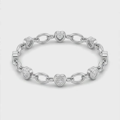 Diamond Heart Bracelet 3 Carat Lab Grown Station Oval Link 14K White Gold 7 Inch