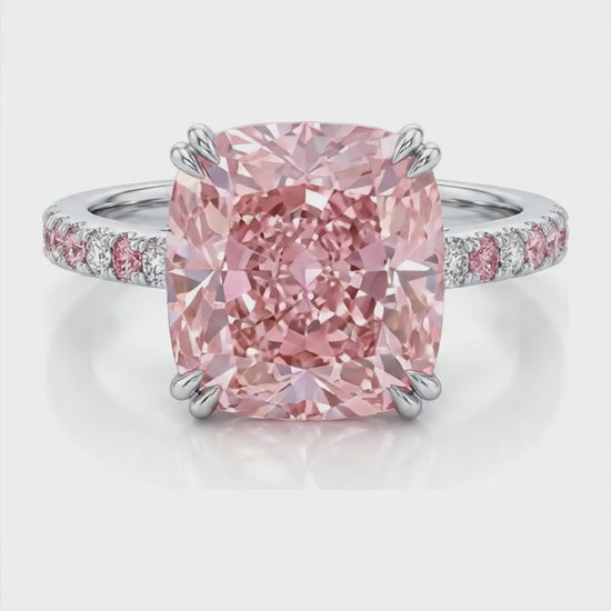 6 Carat Cushion Pink Lab Grown Diamond and White Diamond Pave Ring 14K White Gold