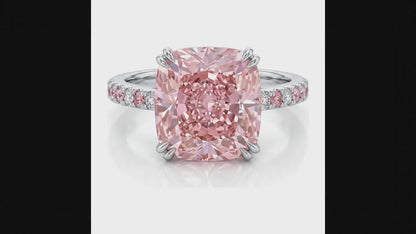 6 Carat Cushion Pink Lab Grown Diamond and White Diamond Pave Ring 14K White Gold