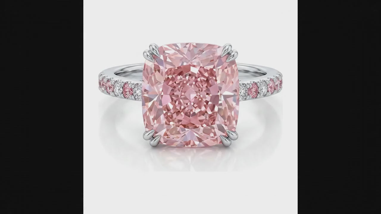 6 Carat Cushion Pink Lab Grown Diamond and White Diamond Pave Ring 14K White Gold