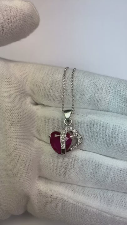 5.60 Ct Heart Cut Ruby With Round Natural Earth Mined Diamonds Pendant Necklace WG 14K