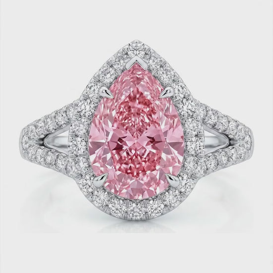 2.5 Carat Pear Pink Lab Grown Diamond and White Diamond Halo Ring 14K White Gold