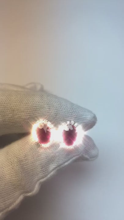 8.80 Ct Ruby And Natural Earth Mined Diamonds Studs Halo Earrings Gold White 14K