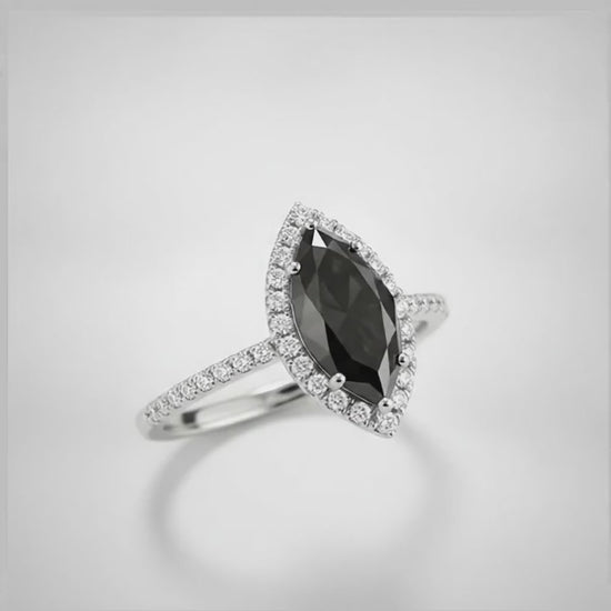 3 Carat Marquise Black Diamond and White Diamond Halo Ring Natural 14K White Gold