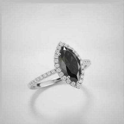 3 Carat Marquise Black Diamond and White Diamond Halo Ring Natural 14K White Gold