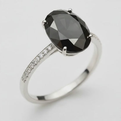 3 Carat Oval Black Diamond Solitaire Ring Natural 14K White Gold