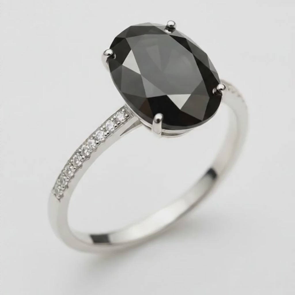 3 Carat Oval Black Diamond Solitaire Ring Natural 14K White Gold