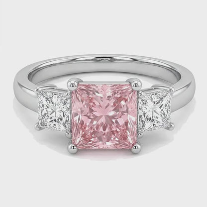 Pink Diamond Ring 4.5 Carat Lab Grown Princess Three Stone 14K White Gold