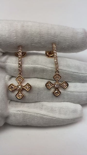 Rose Gold Cross Mined Diamond Dangle Earrings Old Cut Women Jewelry 2 Carats