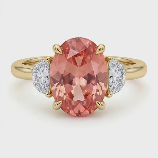 Oval Padparadscha and White Diamond Three Stone Ring Natural 14K Yellow Gold