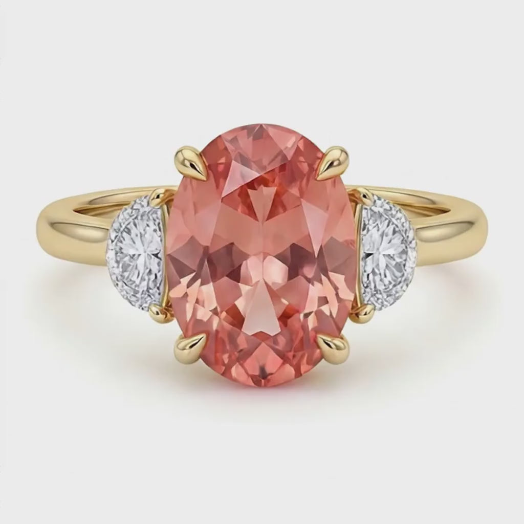 Oval Padparadscha and White Diamond Three Stone Ring Natural 14K Yellow Gold