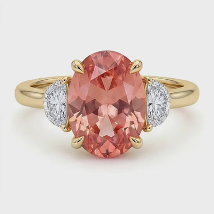 Oval Padparadscha and White Diamond Three Stone Ring Natural 14K Yellow Gold