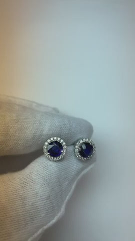 Sri Lankan Sapphire Round Cut Halo Natural Earth Mined Diamond Stud Earring 3.60 Carats