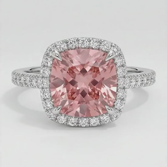 Cushion Padparadscha and White Diamond Halo Ring Natural 14K White Gold