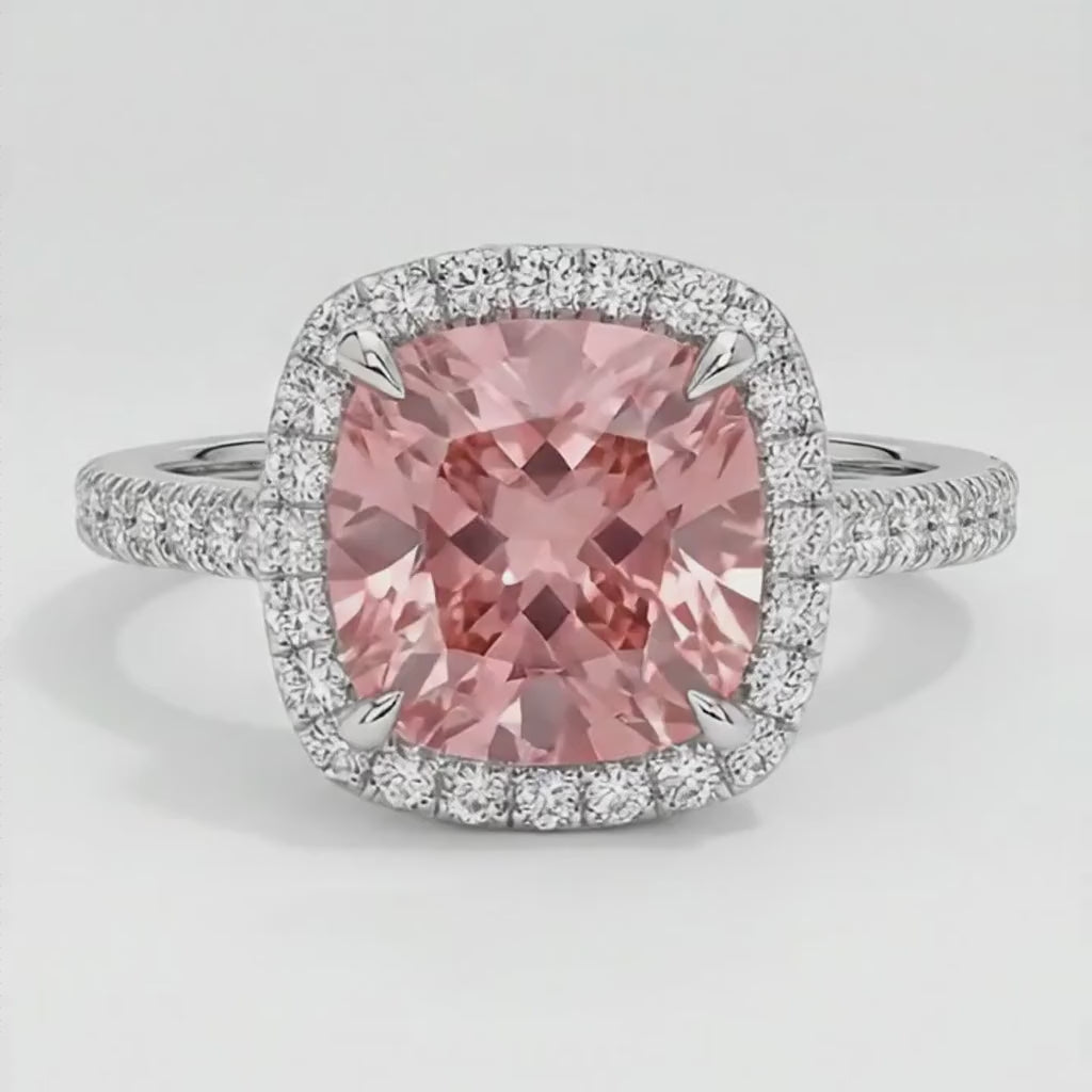 Cushion Padparadscha and White Diamond Halo Ring Natural 14K White Gold