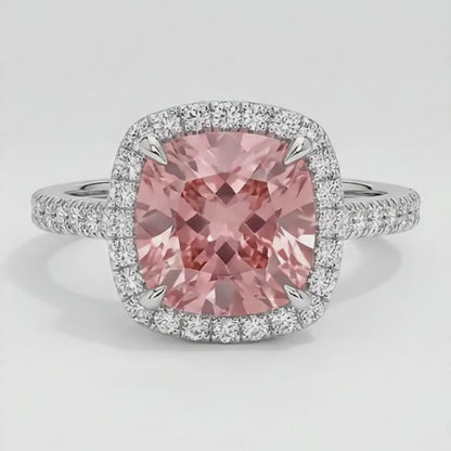 Cushion Padparadscha and White Diamond Halo Ring Natural 14K White Gold