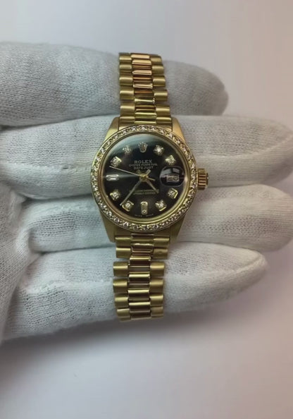 Yg President Style Rolex Date Just Watch Bezel Diamond Dial Black