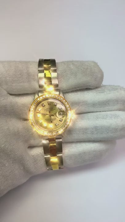 Ladies Datejust Rolex Watch Champagne Diamond Dial Ss & Gold