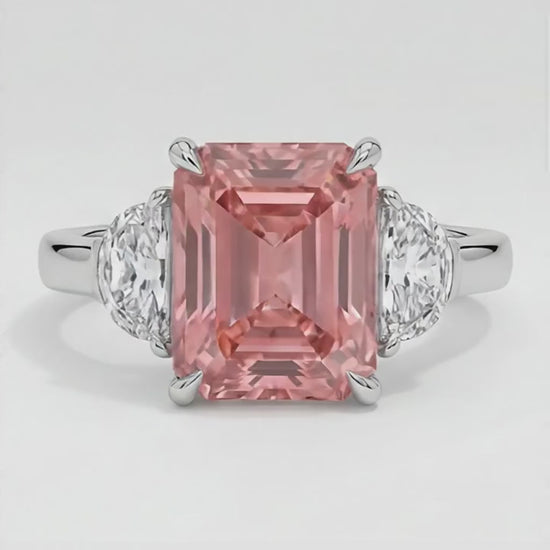 Radiant Cut Padparadscha and White Half Moon Three Stone Ring Natural Platinum