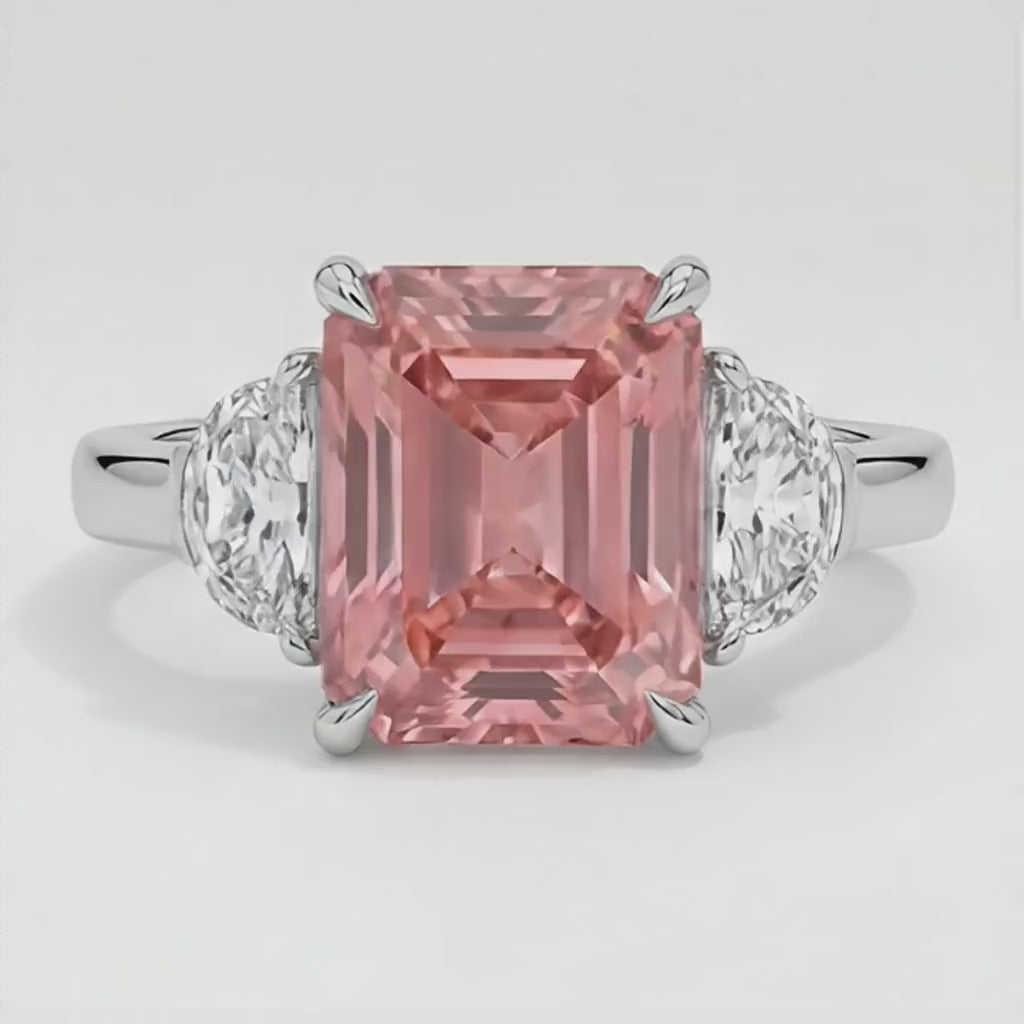Radiant Cut Padparadscha and White Half Moon Three Stone Ring Natural Platinum