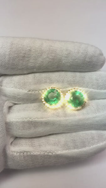 Round Green Emerald With Diamond Women Stud Halo Earring White Gold 14K