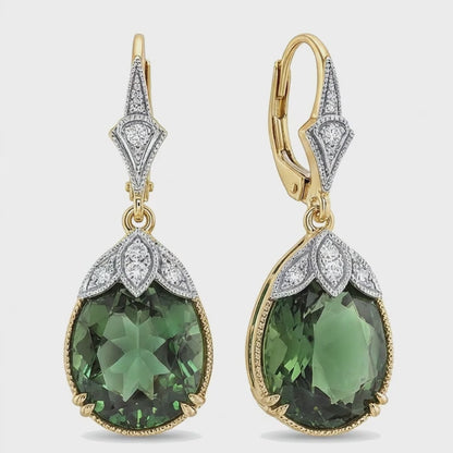 Green Tourmaline Earrings 5 Carat Lab Grown Oval Milgrain Leverback 14K Yellow Gold