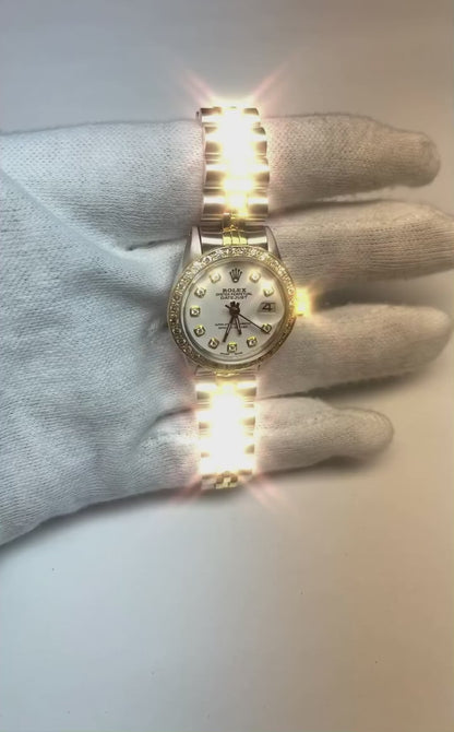 Rolex Silver Diamond Dial Datejust Women Watch Two Tone Bracelet