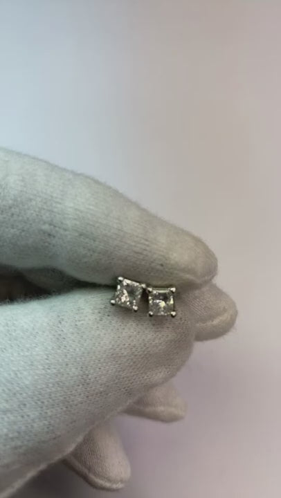 0.90 Carats Princess Cut Natural Earth Mined Diamond Stud Earring 14K White Gold