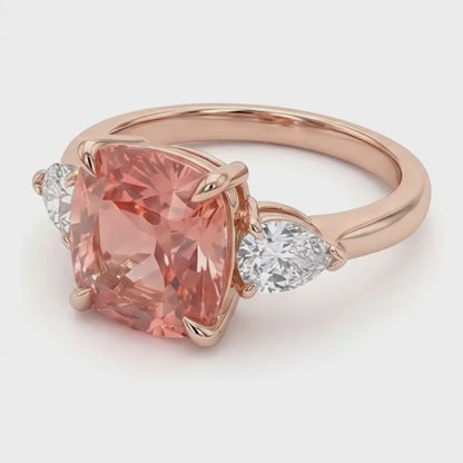 Cushion Padparadscha and White Diamond Three Stone Ring Natural 14K Rose Gold
