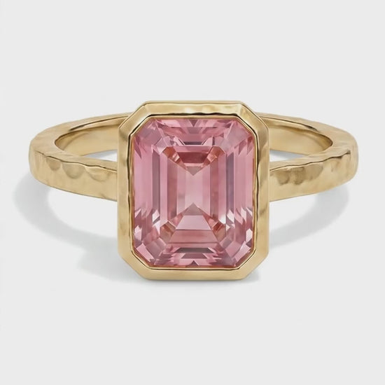 Emerald Padparadscha Bezel Solitaire Ring Natural 14K Yellow Gold