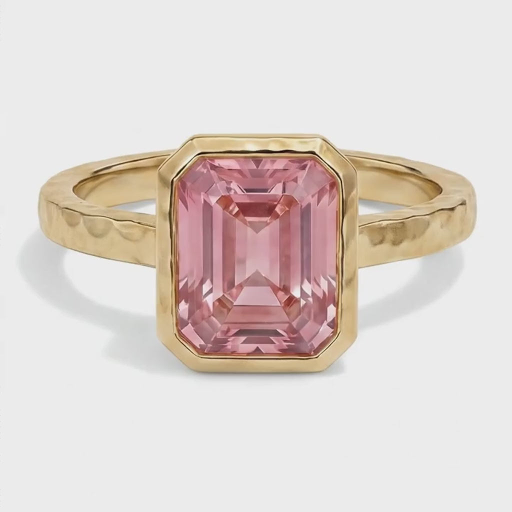 Emerald Padparadscha Bezel Solitaire Ring Natural 14K Yellow Gold