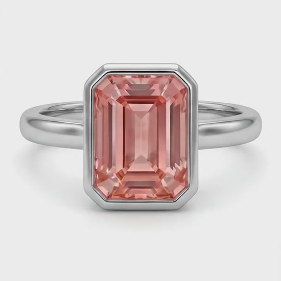 Emerald Padparadscha Bezel Solitaire Ring Natural 14K White Gold