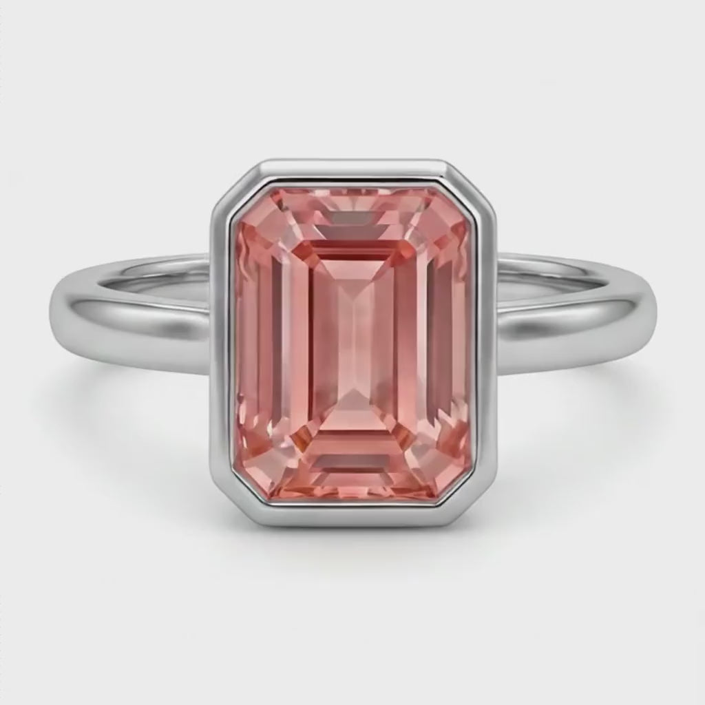 Emerald Padparadscha Bezel Solitaire Ring Natural 14K White Gold