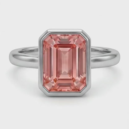 Emerald Padparadscha Bezel Solitaire Ring Natural 14K White Gold