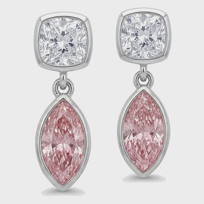 Pink Diamond Drop Earrings 4 Carat Lab Grown Marquise Bezel Cushion Tops 14K White Gold