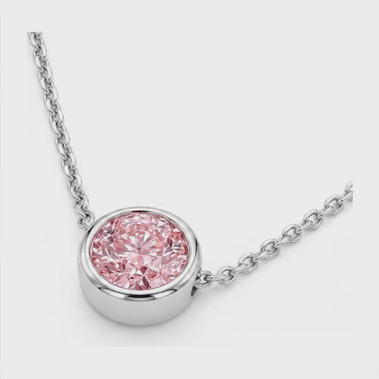 3.5 Carat Round Pink Lab Grown Diamond Bezel Pendant 14K White Gold