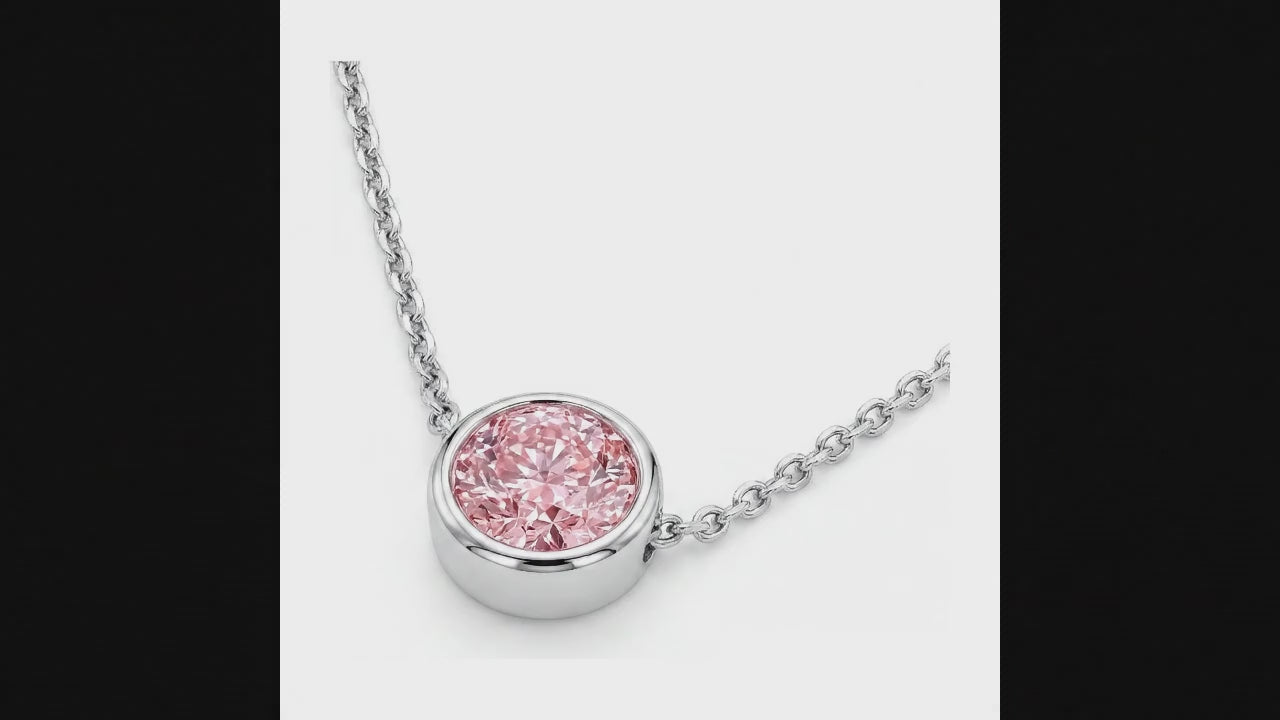 3.5 Carat Round Pink Lab Grown Diamond Bezel Pendant 14K White Gold