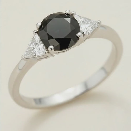 Round Black Diamond and White Trilliant Three Stone Ring Natural 14K White Gold