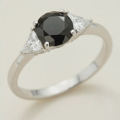 Round Black Diamond and White Trilliant Three Stone Ring Natural 14K White Gold