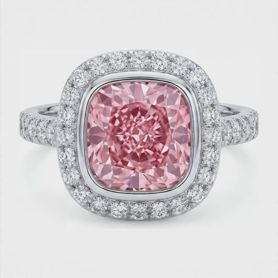 6 Carat Cushion Pink Lab Grown Diamond and White Diamond Halo Ring 14K White Gold