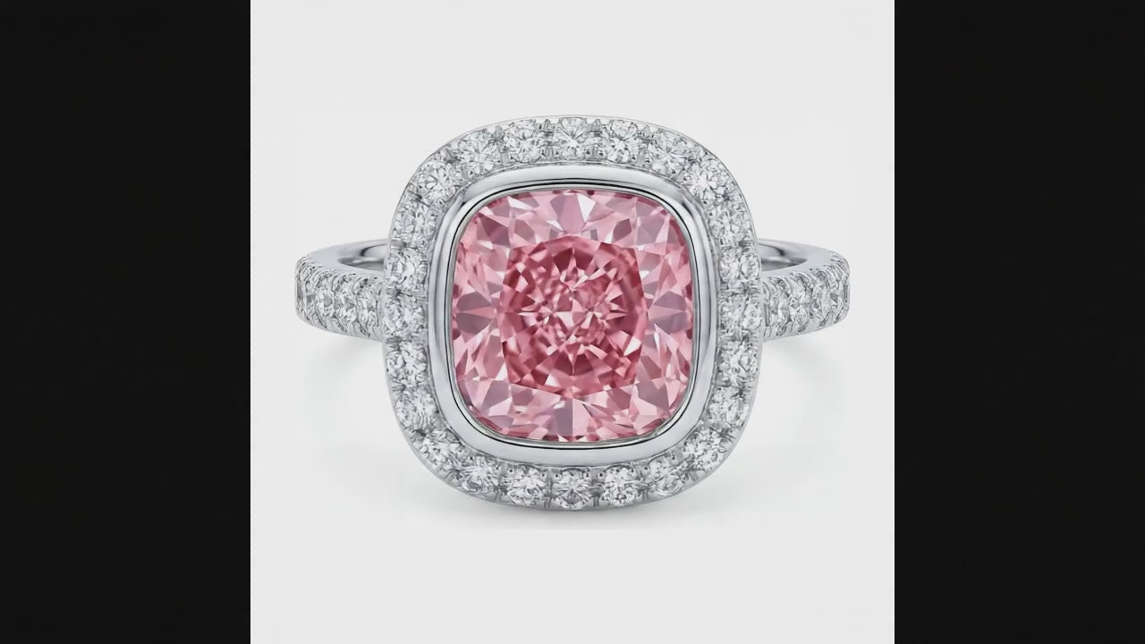 6 Carat Cushion Pink Lab Grown Diamond and White Diamond Halo Ring 14K White Gold