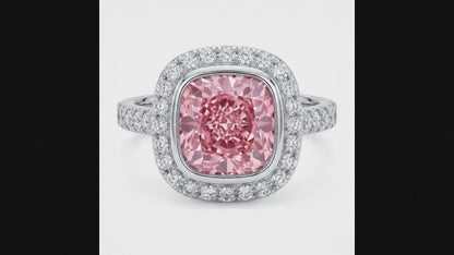 6 Carat Cushion Pink Lab Grown Diamond and White Diamond Halo Ring 14K White Gold