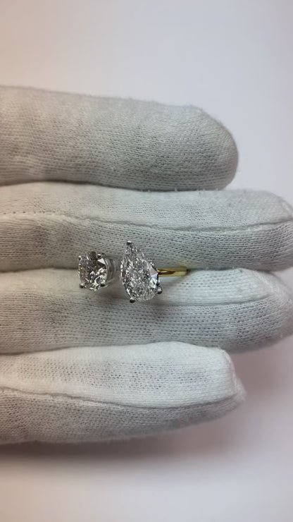 Toi et Moi Pear & Round Natural Earth Mined Diamond Engagement Ring 4 Carat Two Tone Gold 14K Jewelry