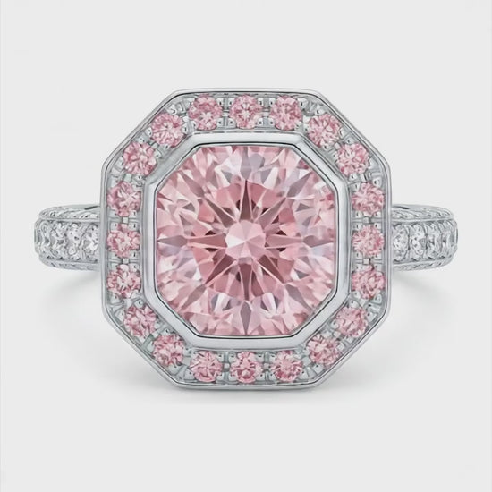 6 Carat Radiant Pink Lab Grown Diamond and White Diamond Halo Ring 14K White Gold