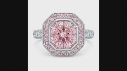 6 Carat Radiant Pink Lab Grown Diamond and White Diamond Halo Ring 14K White Gold