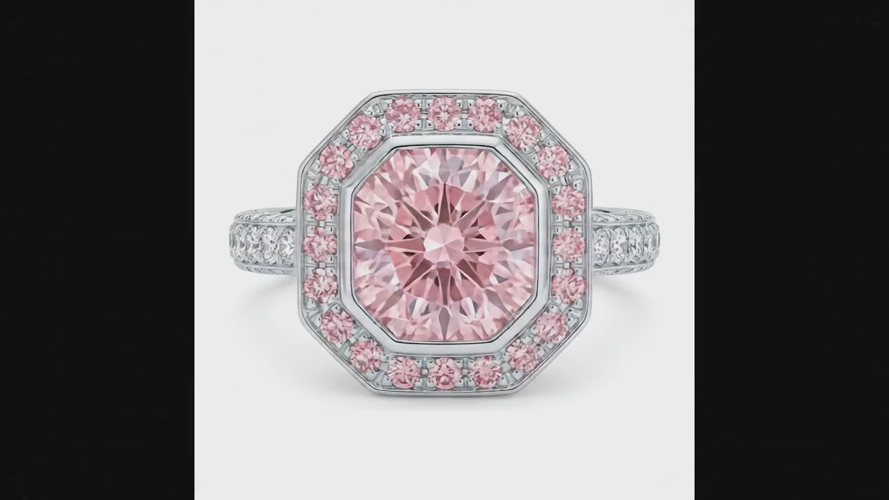 6 Carat Radiant Pink Lab Grown Diamond and White Diamond Halo Ring 14K White Gold