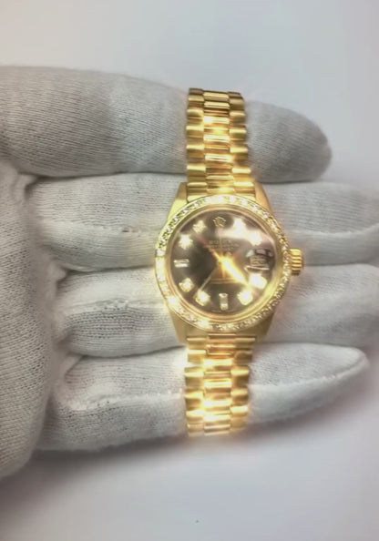 Yg President Style Rolex Date Just Watch Bezel Diamond Dial Black